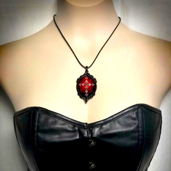 Gothic Vintage Style Vampire Cross Necklace Glass Pendant Rope Chain Choker Acce - Picture 3 of 14